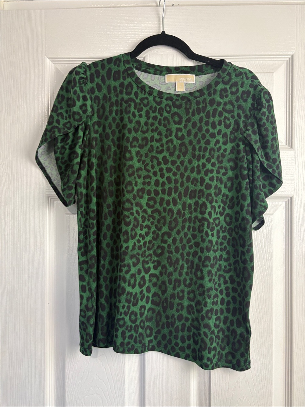 Michael Kors Green Leopard-Print Short Sleeve Blouse